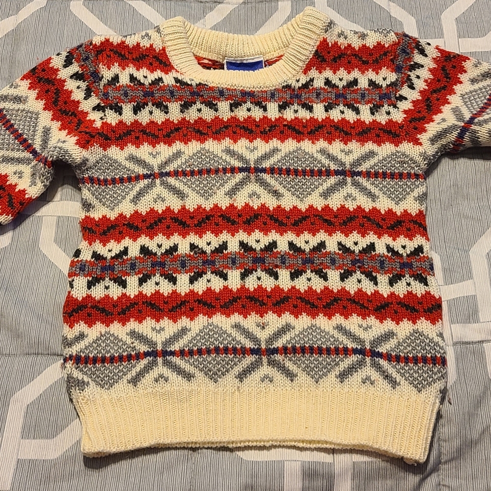 Vintage Donmoor Unisex Winter Knit Fair Isle Sweater Size 2T beige red and gray